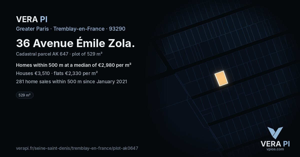 36 Avenue Émile Zola, Tremblay-en-France at night – the plot lit, the parcels around coloured by the prices near them