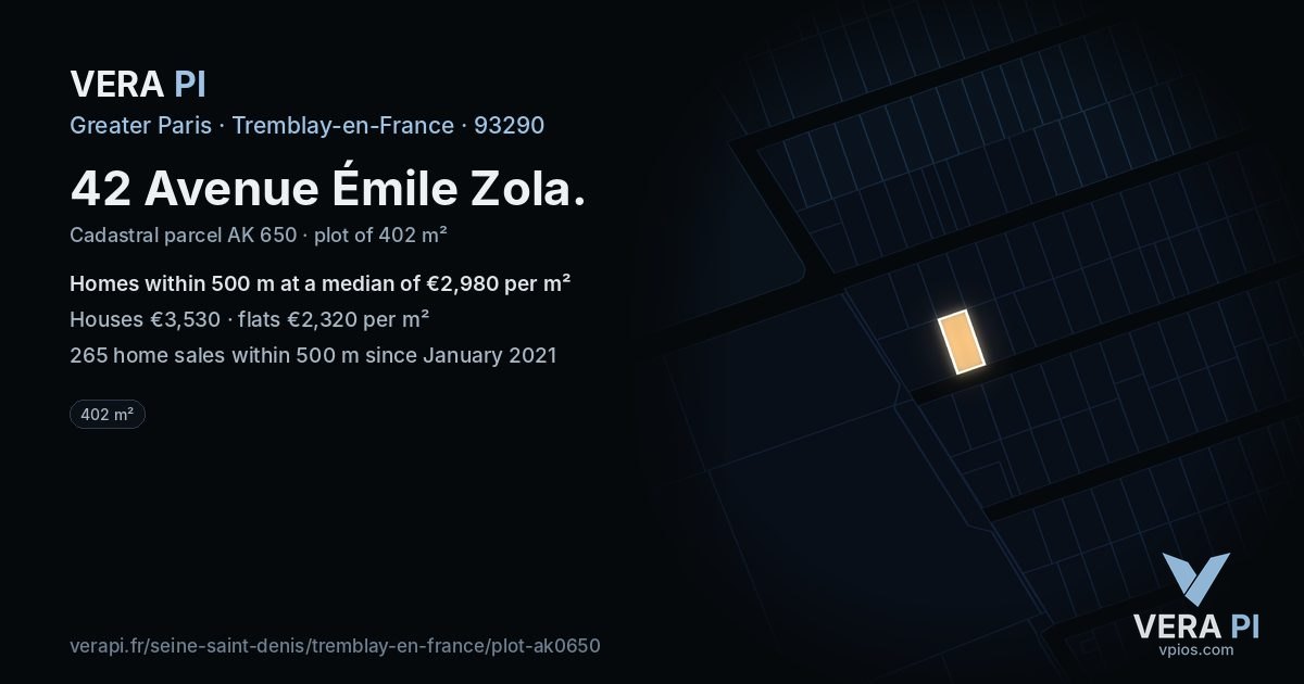 42 Avenue Émile Zola, Tremblay-en-France at night – the plot lit, the parcels around coloured by the prices near them