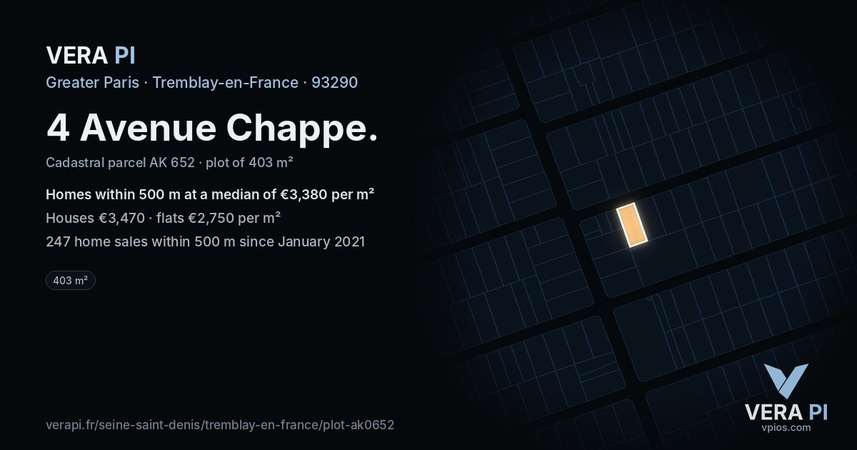4 Avenue Chappe, Tremblay-en-France at night – the plot lit, the parcels around coloured by the prices near them