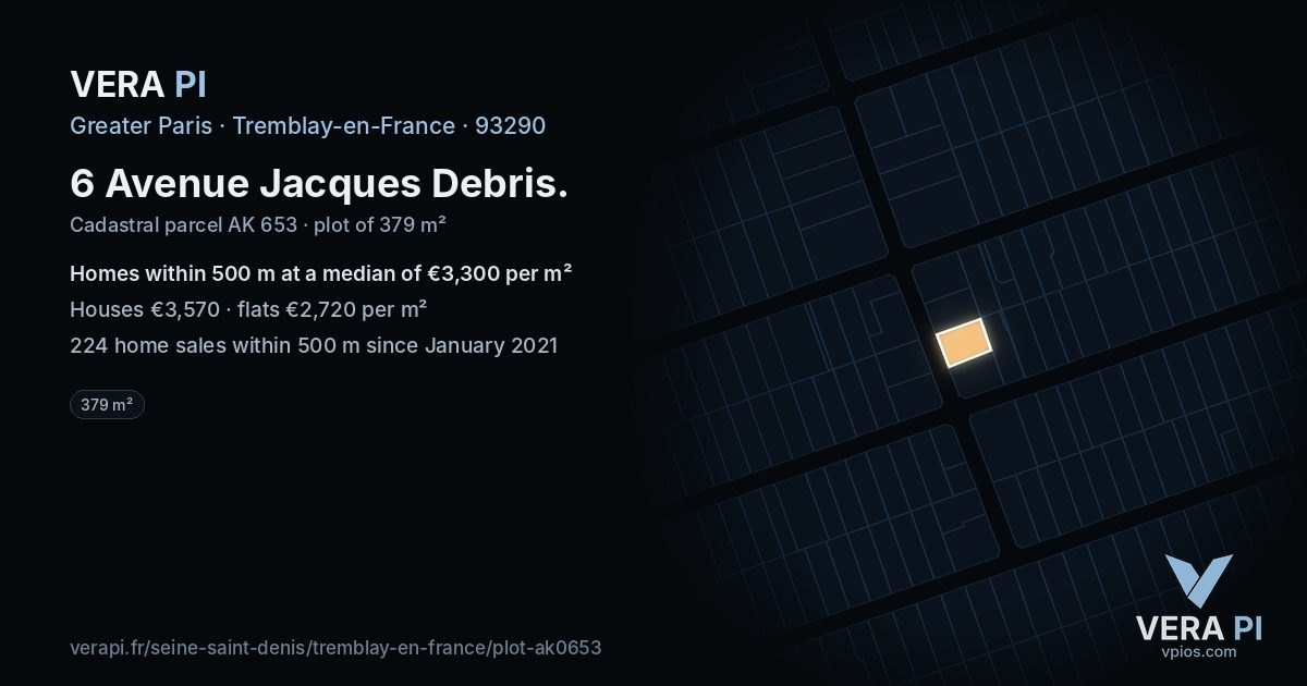 6 Avenue Jacques Debris, Tremblay-en-France at night – the plot lit, the parcels around coloured by the prices near them