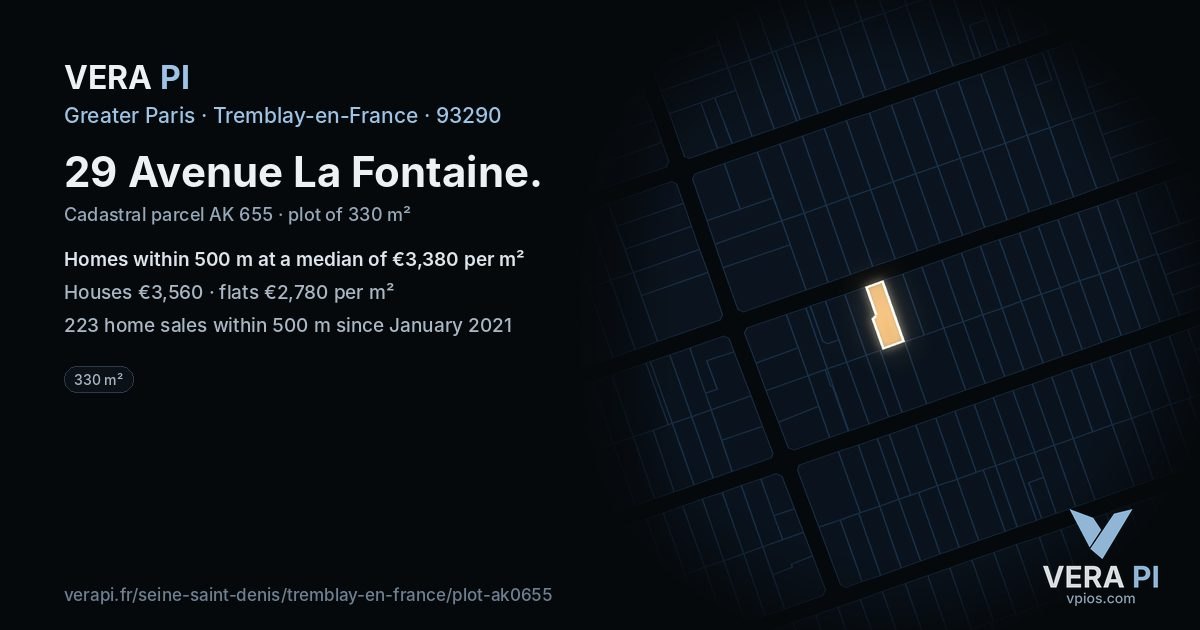 29 Avenue La Fontaine, Tremblay-en-France at night – the plot lit, the parcels around coloured by the prices near them