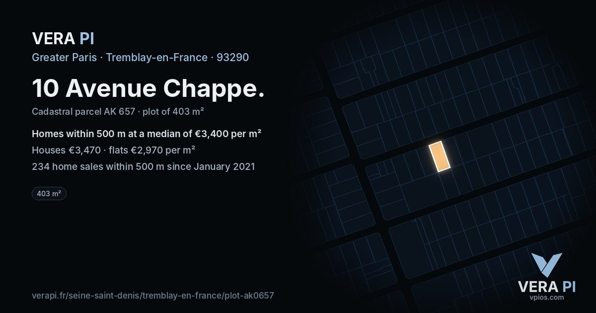 10 Avenue Chappe, Tremblay-en-France at night – the plot lit, the parcels around coloured by the prices near them