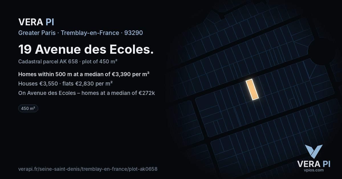 19 Avenue des Ecoles, Tremblay-en-France at night – the plot lit, the parcels around coloured by the prices near them