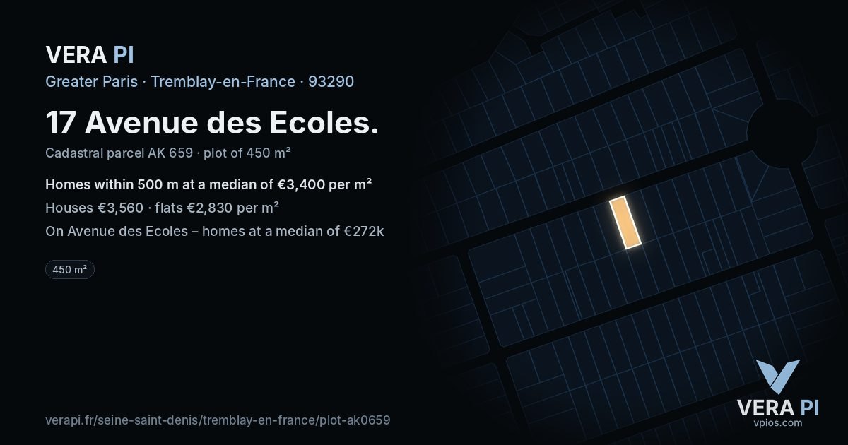 17 Avenue des Ecoles, Tremblay-en-France at night – the plot lit, the parcels around coloured by the prices near them