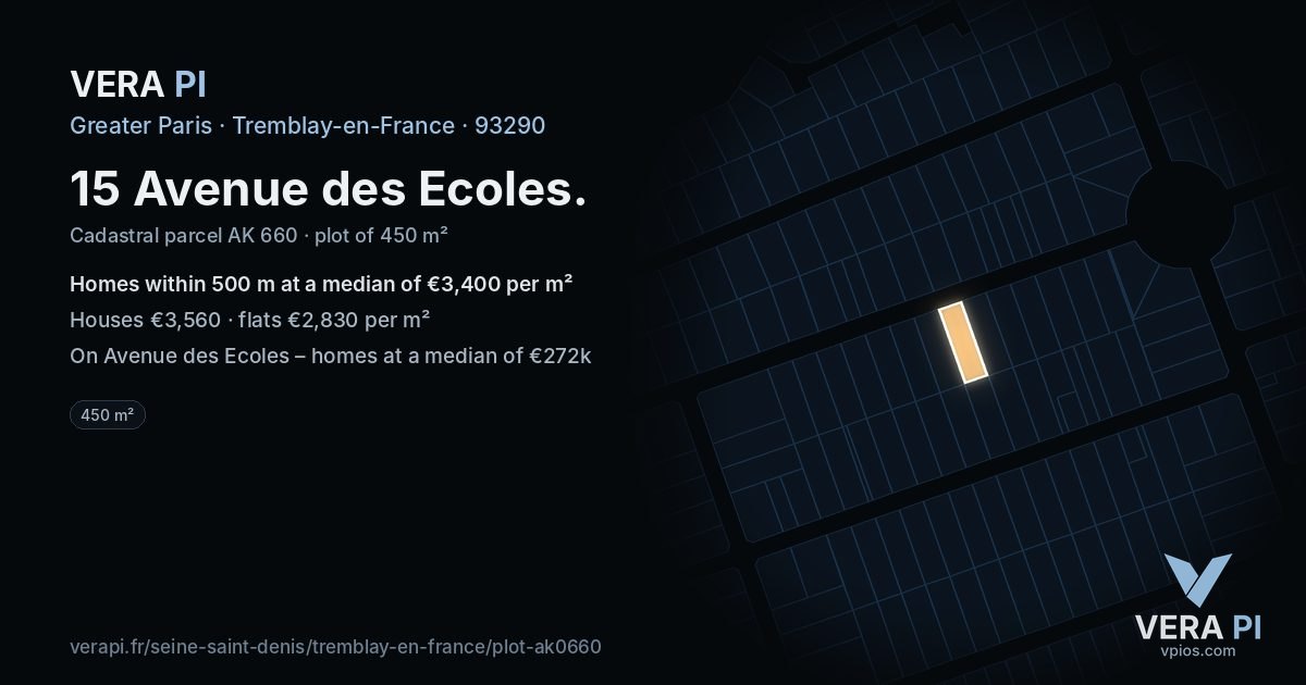 15 Avenue des Ecoles, Tremblay-en-France at night – the plot lit, the parcels around coloured by the prices near them
