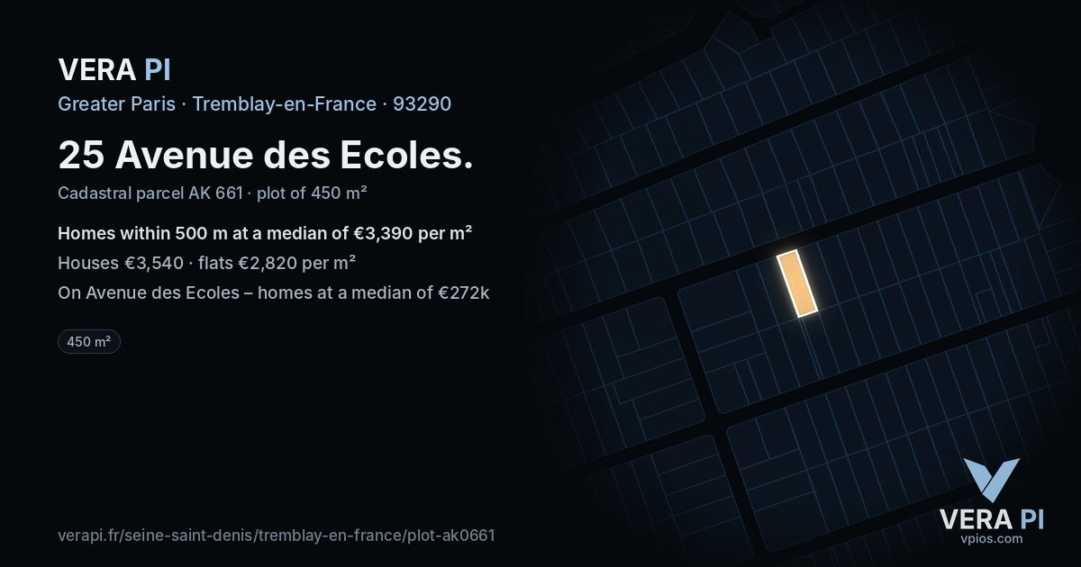 25 Avenue des Ecoles, Tremblay-en-France at night – the plot lit, the parcels around coloured by the prices near them