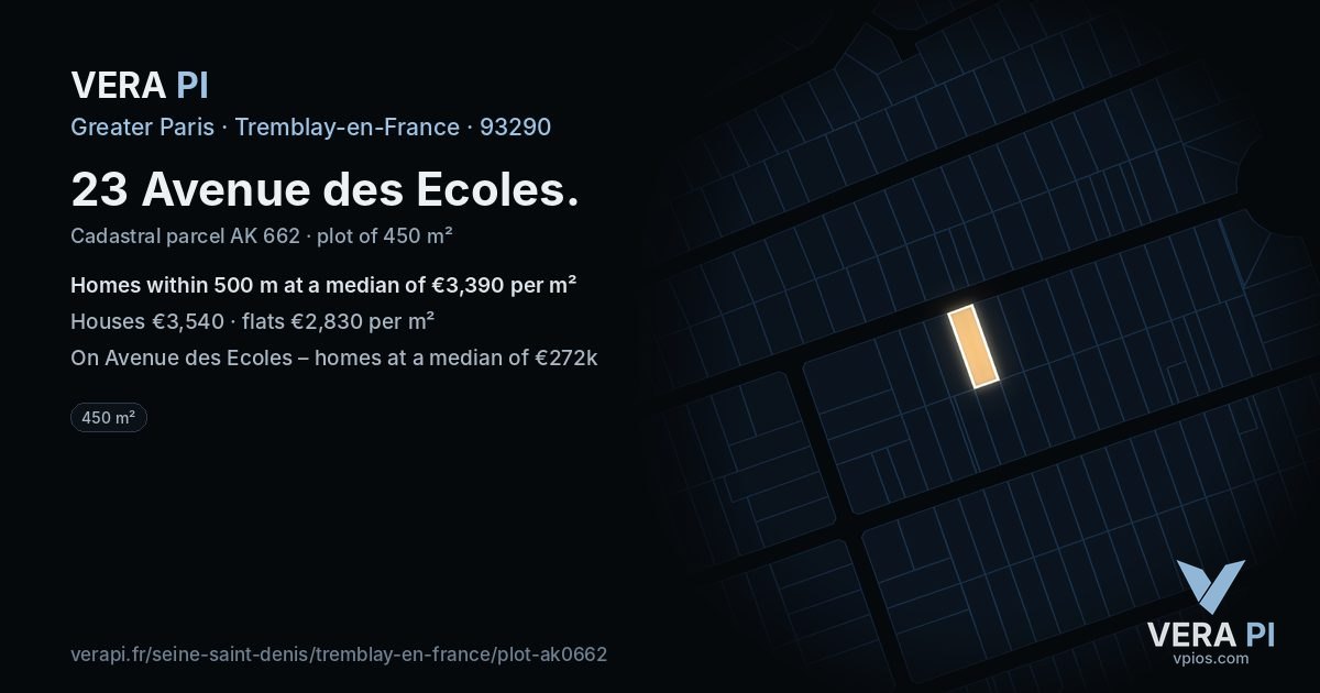 23 Avenue des Ecoles, Tremblay-en-France at night – the plot lit, the parcels around coloured by the prices near them
