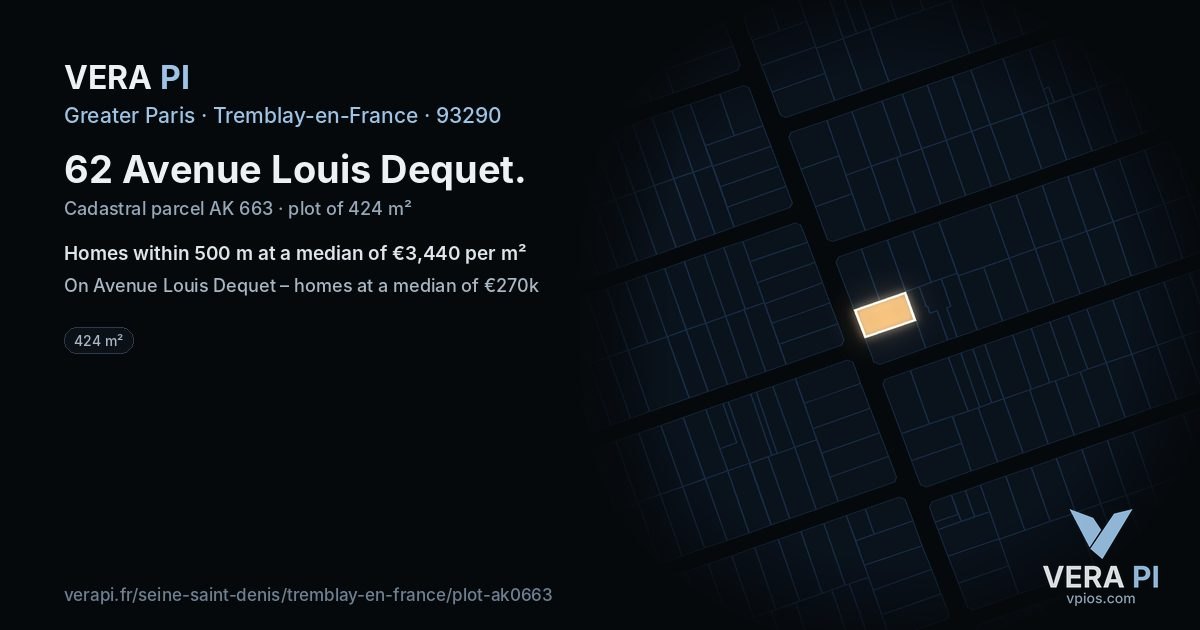 62 Avenue Louis Dequet, Tremblay-en-France at night – the plot lit, the parcels around coloured by the prices near them