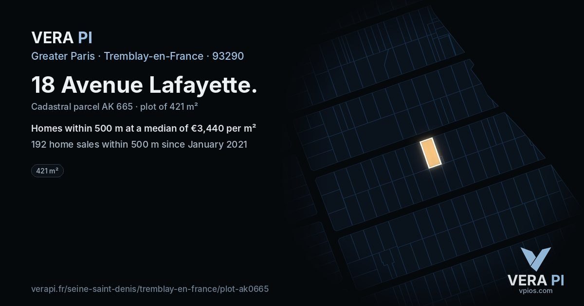 18 Avenue Lafayette, Tremblay-en-France at night – the plot lit, the parcels around coloured by the prices near them