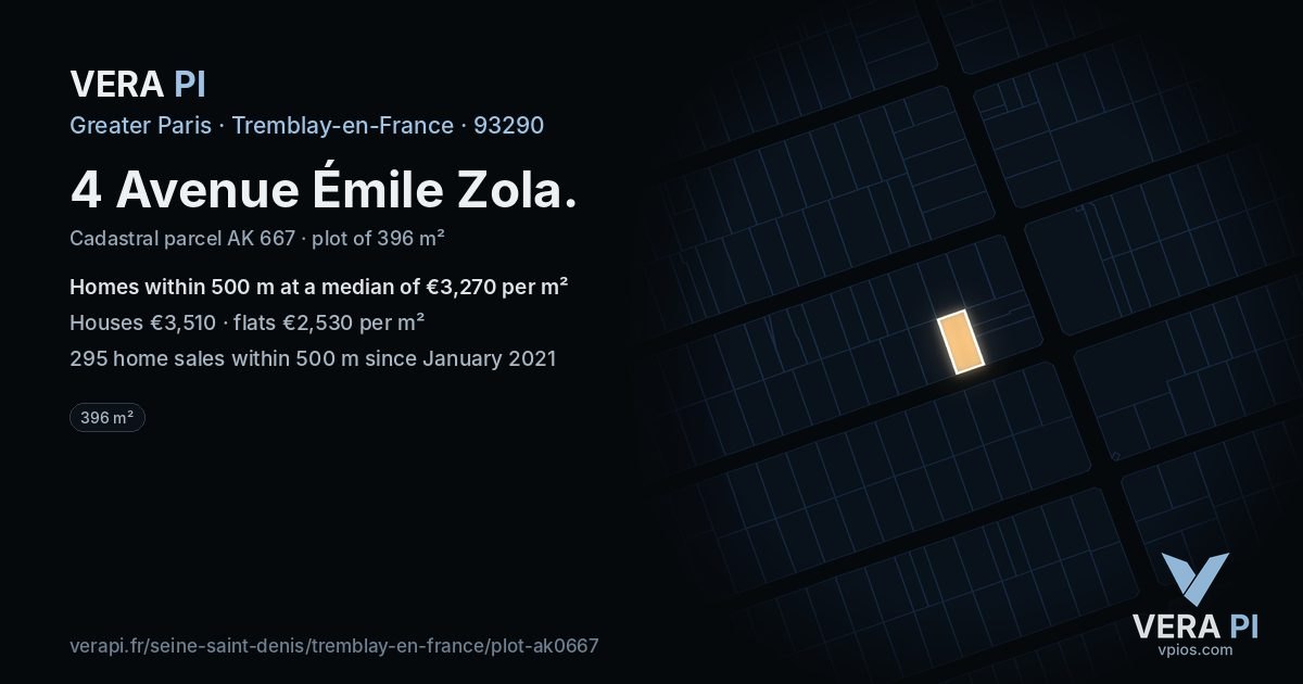 4 Avenue Émile Zola, Tremblay-en-France at night – the plot lit, the parcels around coloured by the prices near them