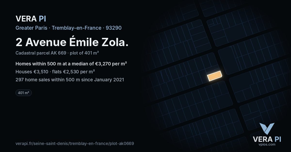 2 Avenue Émile Zola, Tremblay-en-France at night – the plot lit, the parcels around coloured by the prices near them