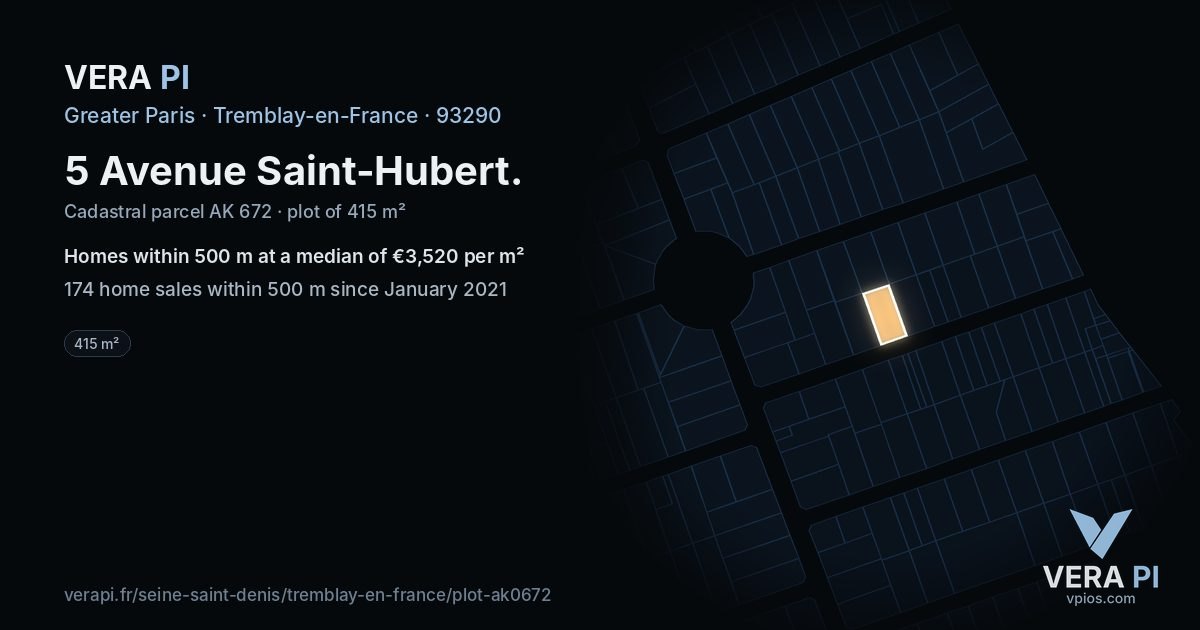 5 Avenue Saint-Hubert, Tremblay-en-France at night – the plot lit, the parcels around coloured by the prices near them