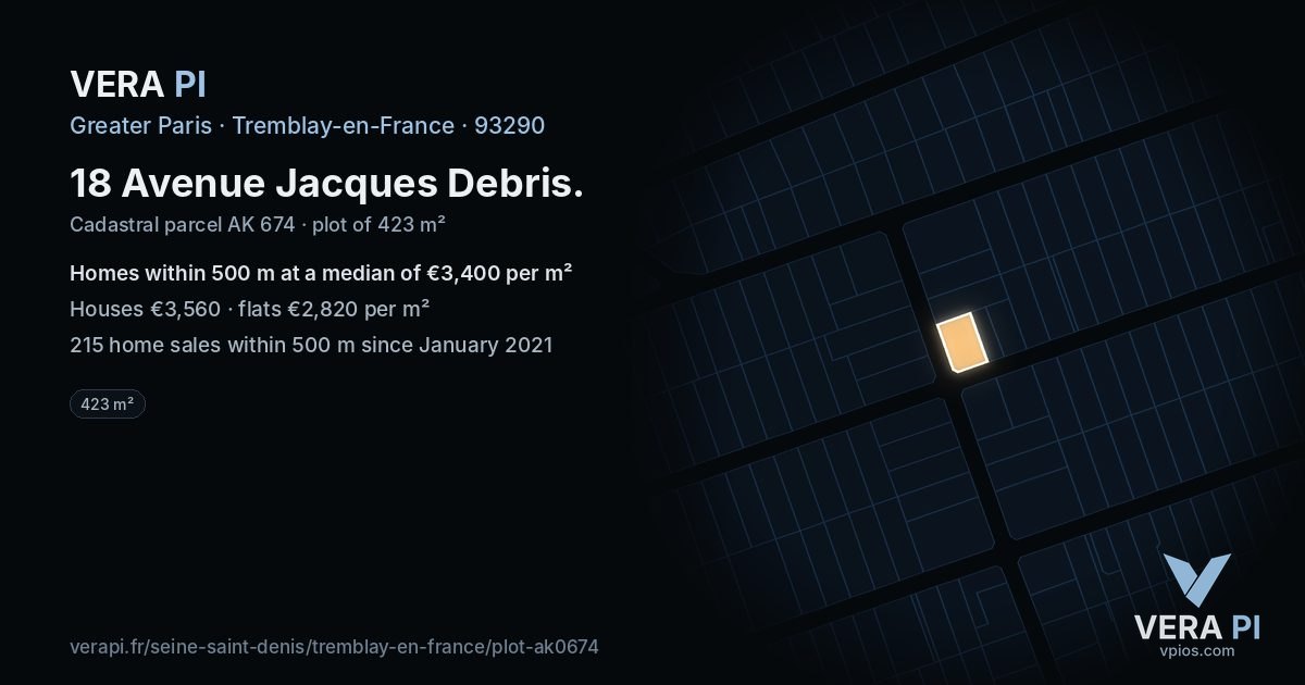 18 Avenue Jacques Debris, Tremblay-en-France at night – the plot lit, the parcels around coloured by the prices near them