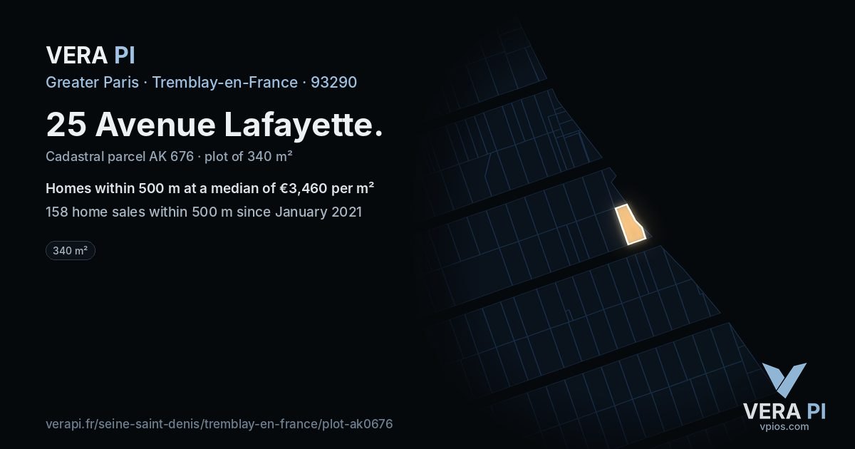 25 Avenue Lafayette, Tremblay-en-France at night – the plot lit, the parcels around coloured by the prices near them