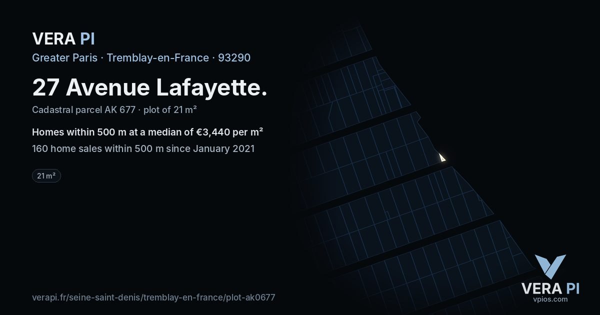 27 Avenue Lafayette, Tremblay-en-France at night – the plot lit, the parcels around coloured by the prices near them