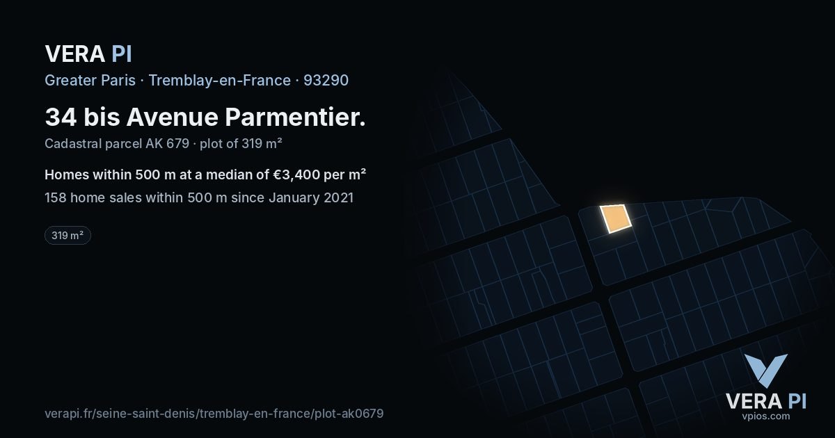34 bis Avenue Parmentier, Tremblay-en-France at night – the plot lit, the parcels around coloured by the prices near them