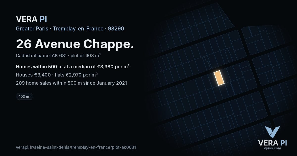 26 Avenue Chappe, Tremblay-en-France at night – the plot lit, the parcels around coloured by the prices near them