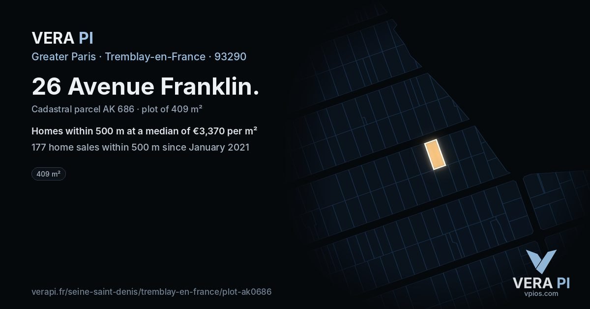 26 Avenue Franklin, Tremblay-en-France at night – the plot lit, the parcels around coloured by the prices near them