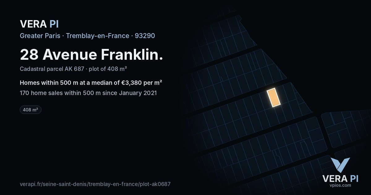 28 Avenue Franklin, Tremblay-en-France at night – the plot lit, the parcels around coloured by the prices near them