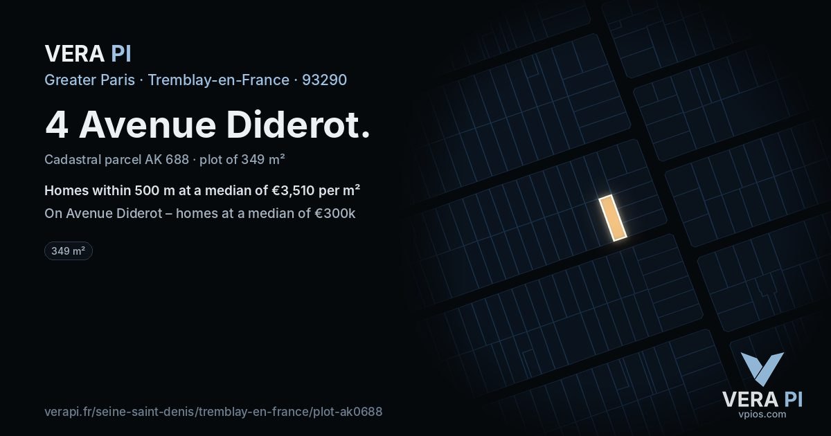 4 Avenue Diderot, Tremblay-en-France at night – the plot lit, the parcels around coloured by the prices near them