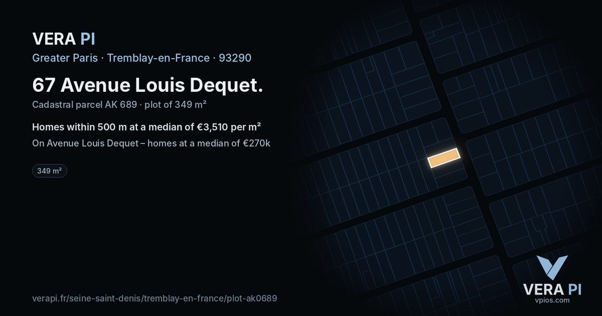 67 Avenue Louis Dequet, Tremblay-en-France at night – the plot lit, the parcels around coloured by the prices near them