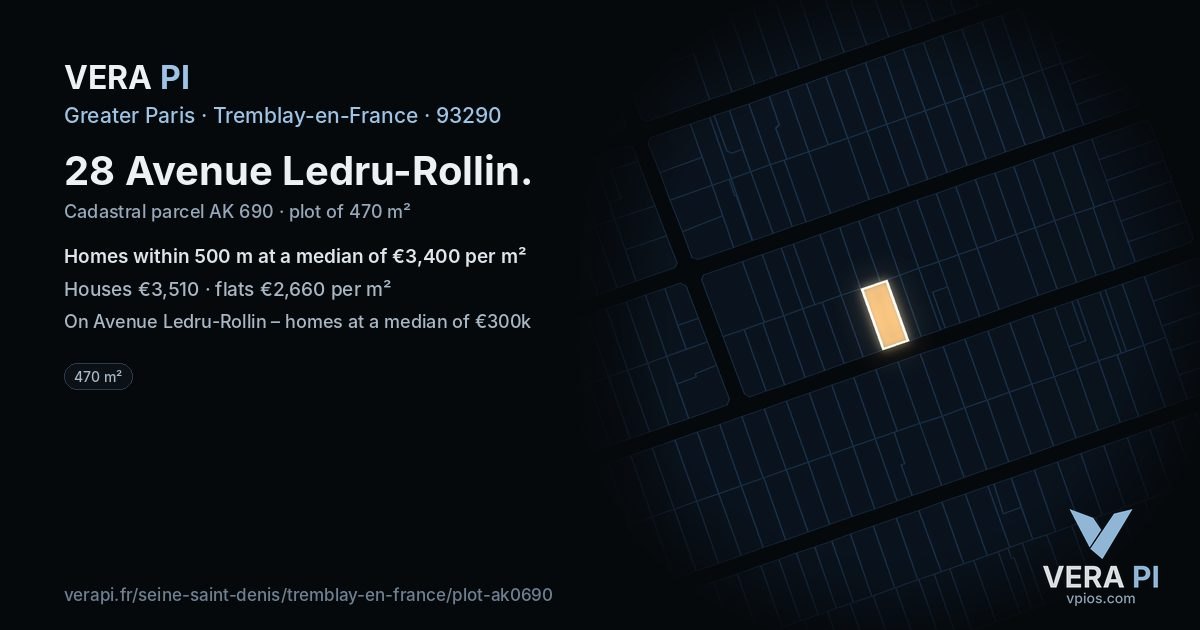 28 Avenue Ledru-Rollin, Tremblay-en-France at night – the plot lit, the parcels around coloured by the prices near them