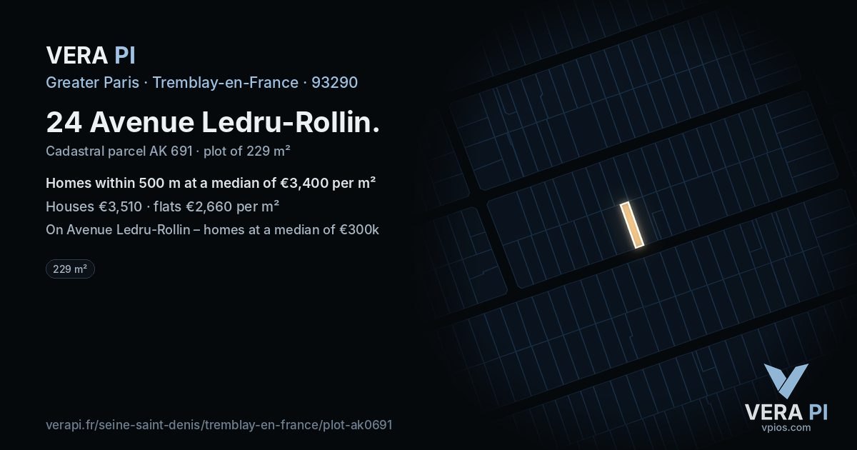 24 Avenue Ledru-Rollin, Tremblay-en-France at night – the plot lit, the parcels around coloured by the prices near them