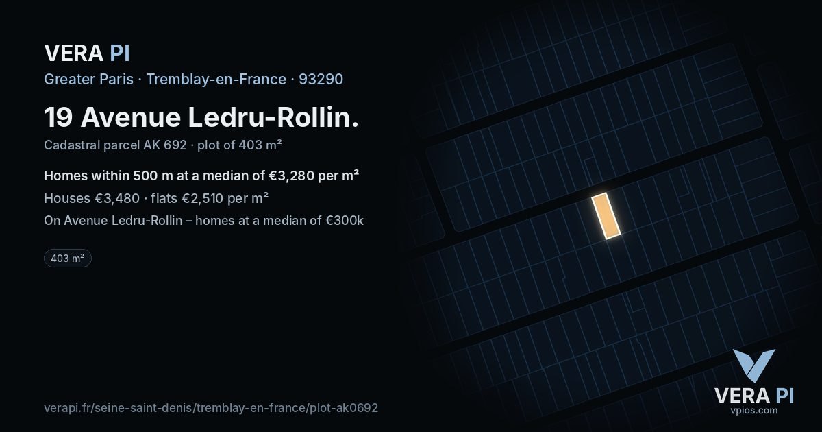 19 Avenue Ledru-Rollin, Tremblay-en-France at night – the plot lit, the parcels around coloured by the prices near them