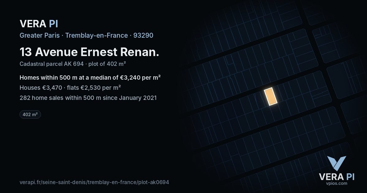 13 Avenue Ernest Renan, Tremblay-en-France at night – the plot lit, the parcels around coloured by the prices near them