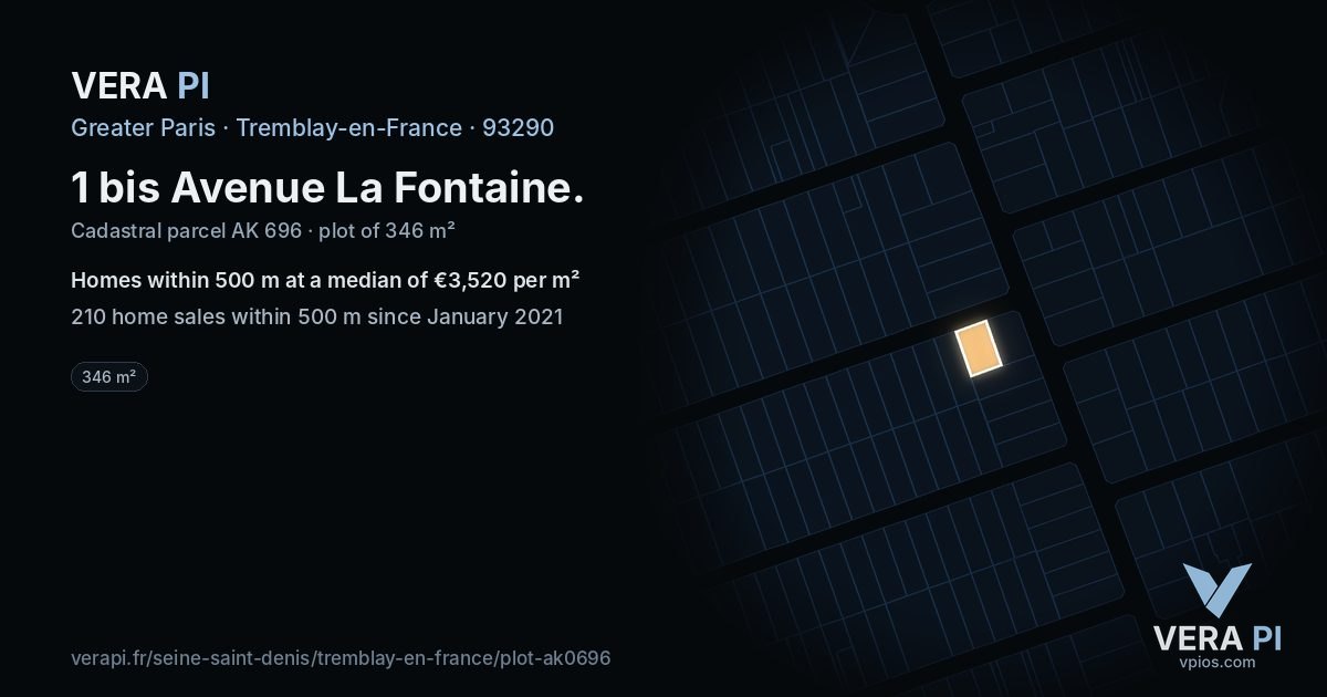1 bis Avenue La Fontaine, Tremblay-en-France at night – the plot lit, the parcels around coloured by the prices near them