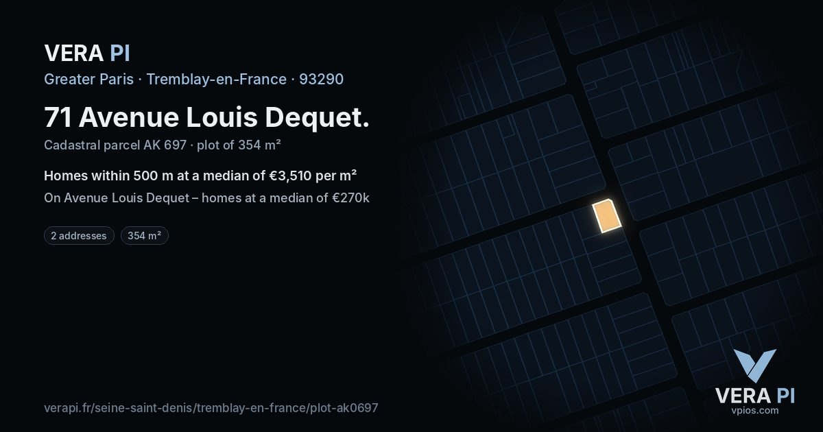71 Avenue Louis Dequet, Tremblay-en-France at night – the plot lit, the parcels around coloured by the prices near them