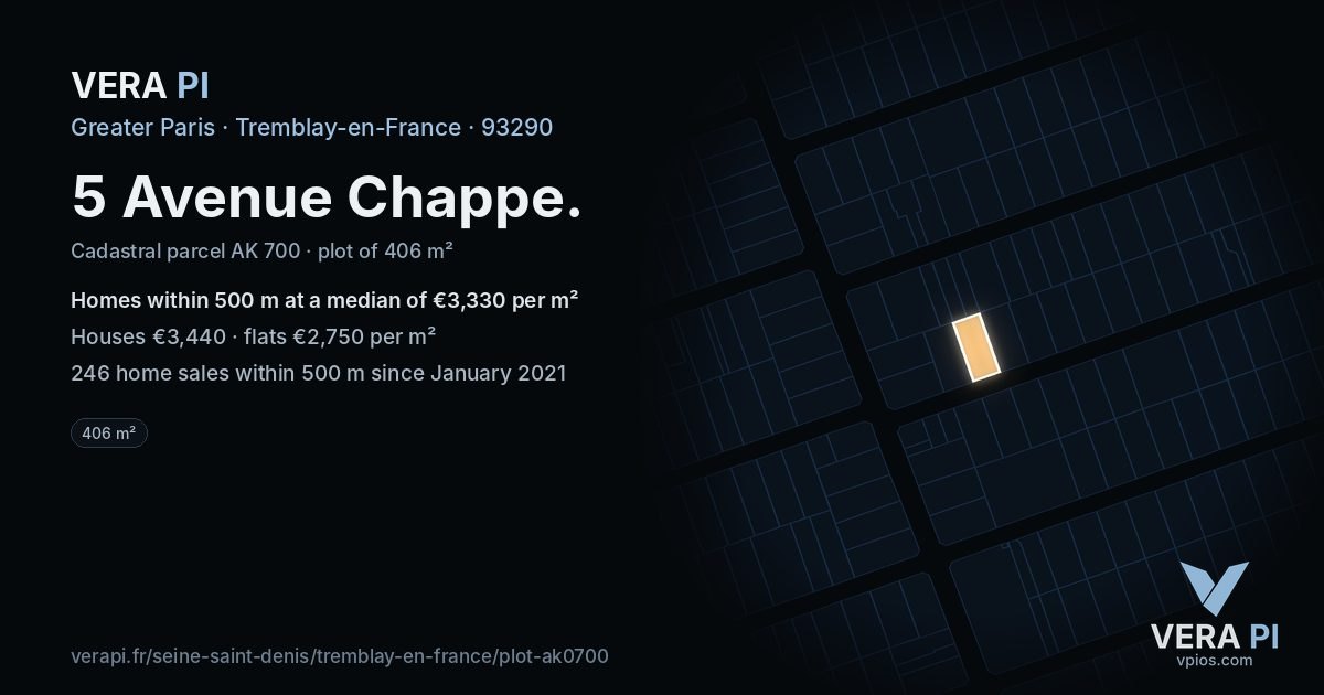 5 Avenue Chappe, Tremblay-en-France at night – the plot lit, the parcels around coloured by the prices near them