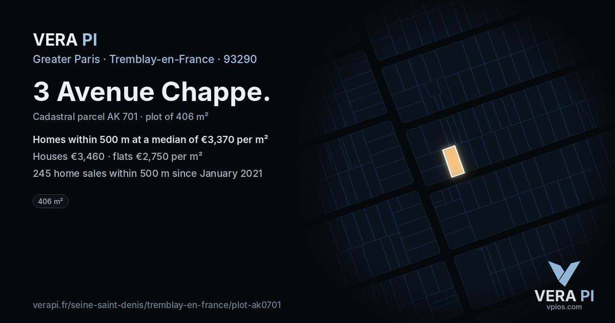 3 Avenue Chappe, Tremblay-en-France at night – the plot lit, the parcels around coloured by the prices near them