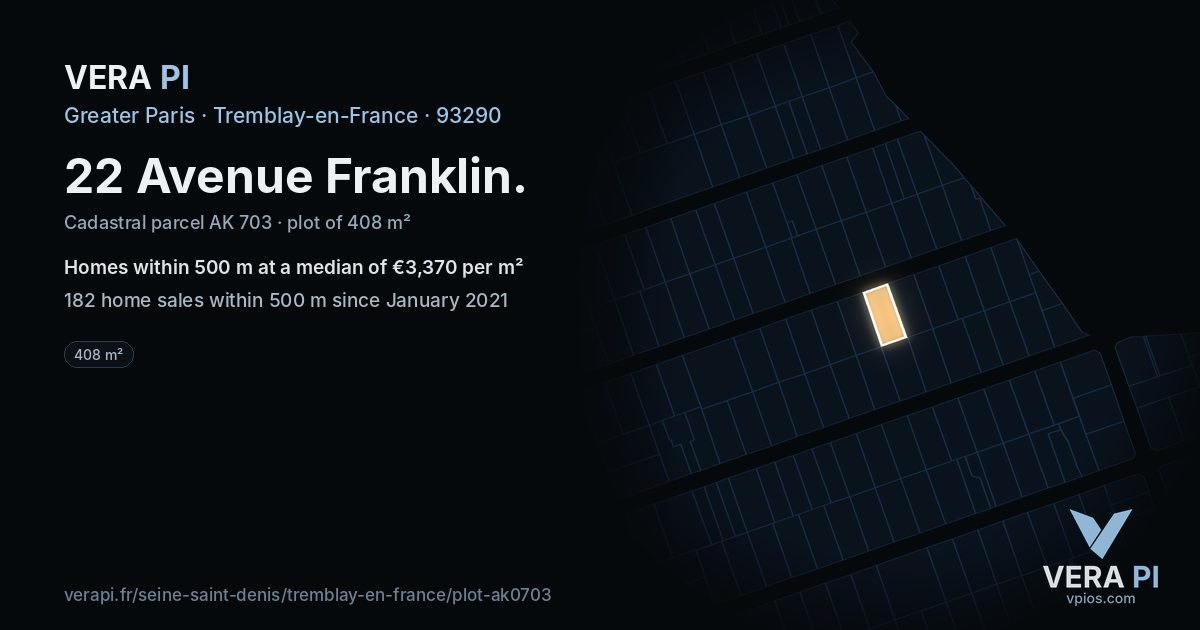 22 Avenue Franklin, Tremblay-en-France at night – the plot lit, the parcels around coloured by the prices near them