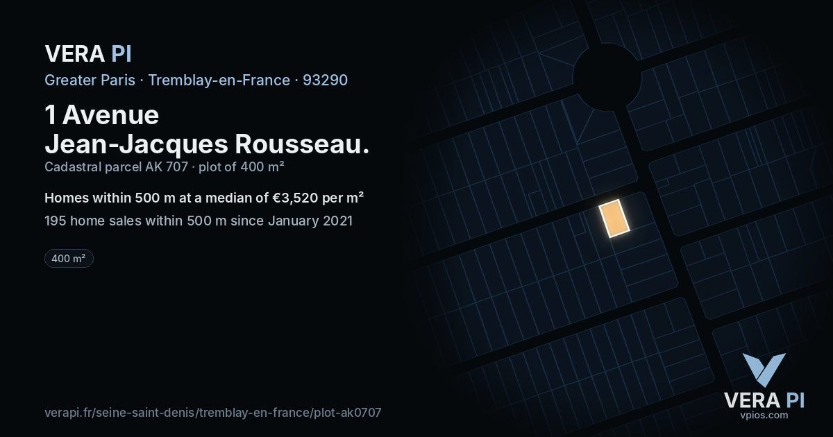 1 Avenue Jean-Jacques Rousseau, Tremblay-en-France at night – the plot lit, the parcels around coloured by the prices near them