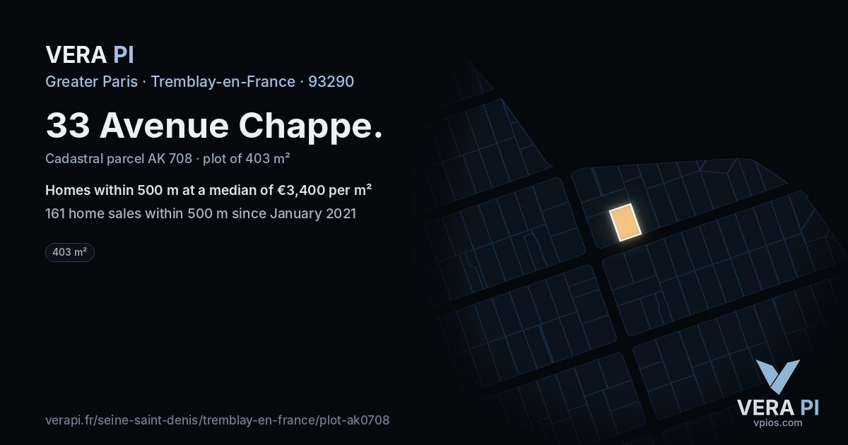33 Avenue Chappe, Tremblay-en-France at night – the plot lit, the parcels around coloured by the prices near them