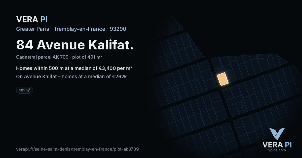 84 Avenue Kalifat, Tremblay-en-France at night – the plot lit, the parcels around coloured by the prices near them