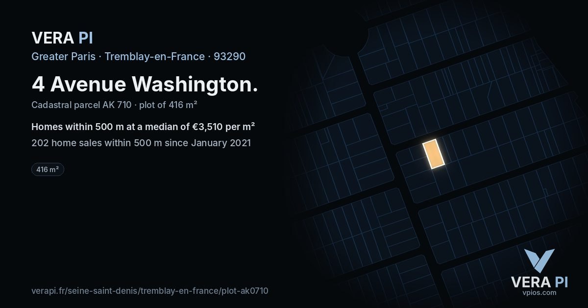 4 Avenue Washington, Tremblay-en-France at night – the plot lit, the parcels around coloured by the prices near them