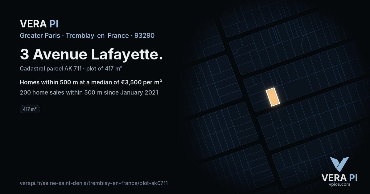 3 Avenue Lafayette, Tremblay-en-France at night – the plot lit, the parcels around coloured by the prices near them
