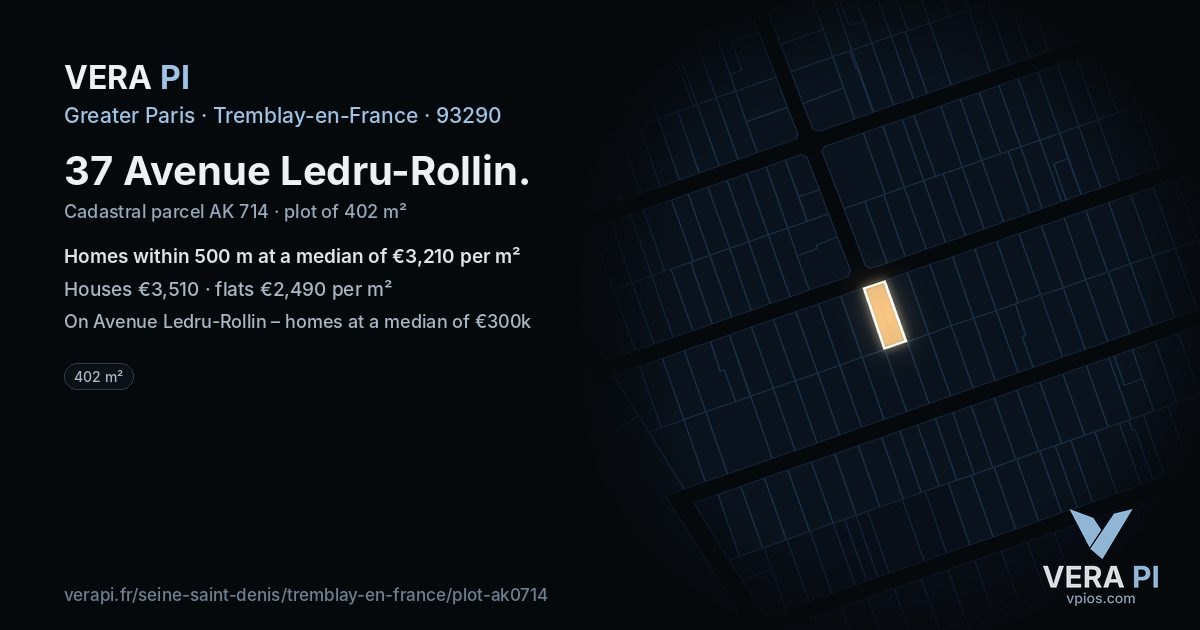37 Avenue Ledru-Rollin, Tremblay-en-France at night – the plot lit, the parcels around coloured by the prices near them