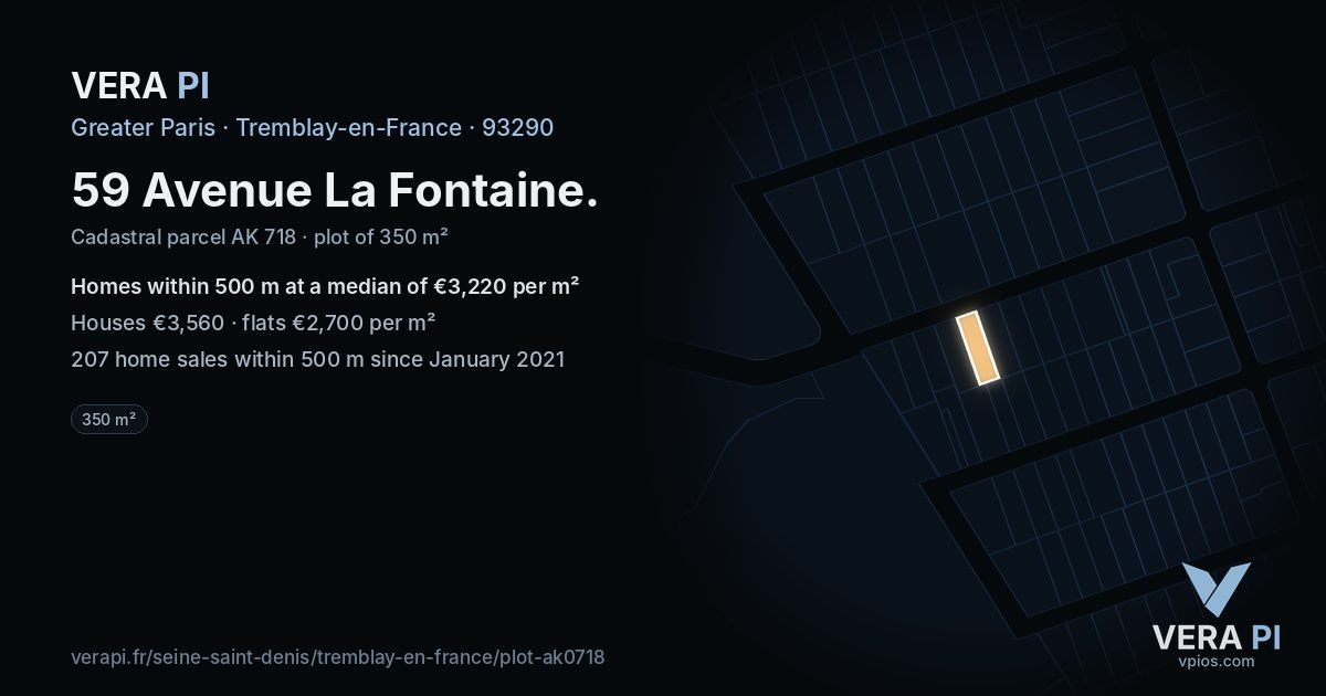 59 Avenue La Fontaine, Tremblay-en-France at night – the plot lit, the parcels around coloured by the prices near them