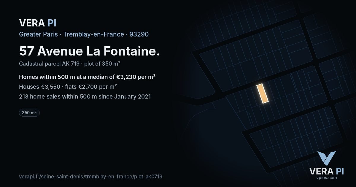 57 Avenue La Fontaine, Tremblay-en-France at night – the plot lit, the parcels around coloured by the prices near them