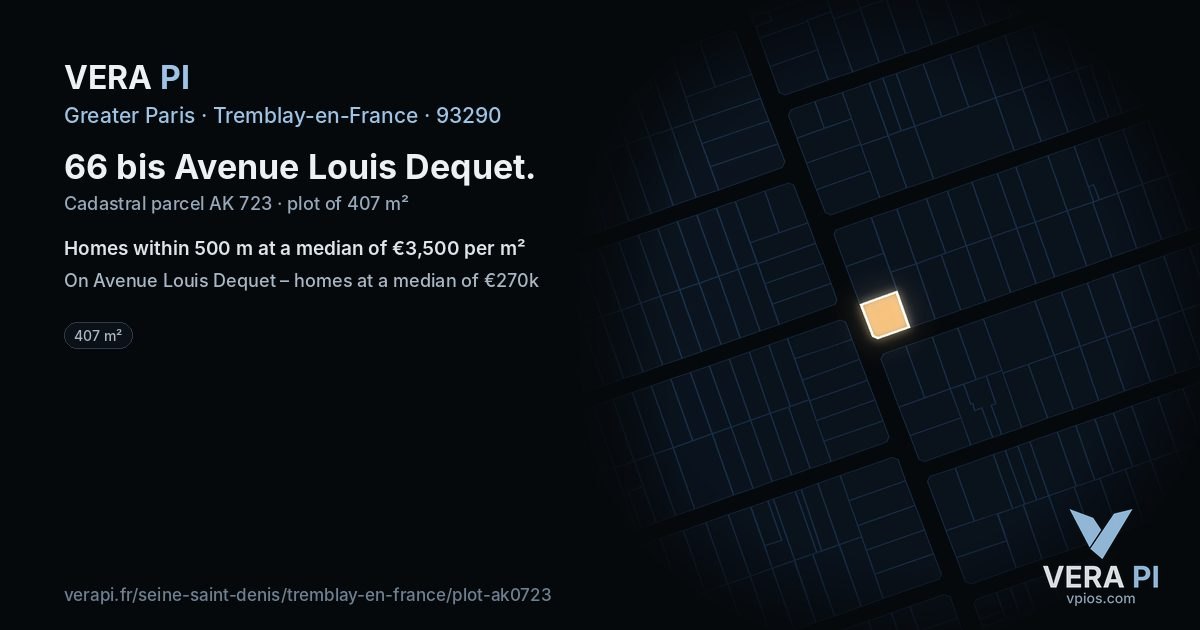 66 bis Avenue Louis Dequet, Tremblay-en-France at night – the plot lit, the parcels around coloured by the prices near them