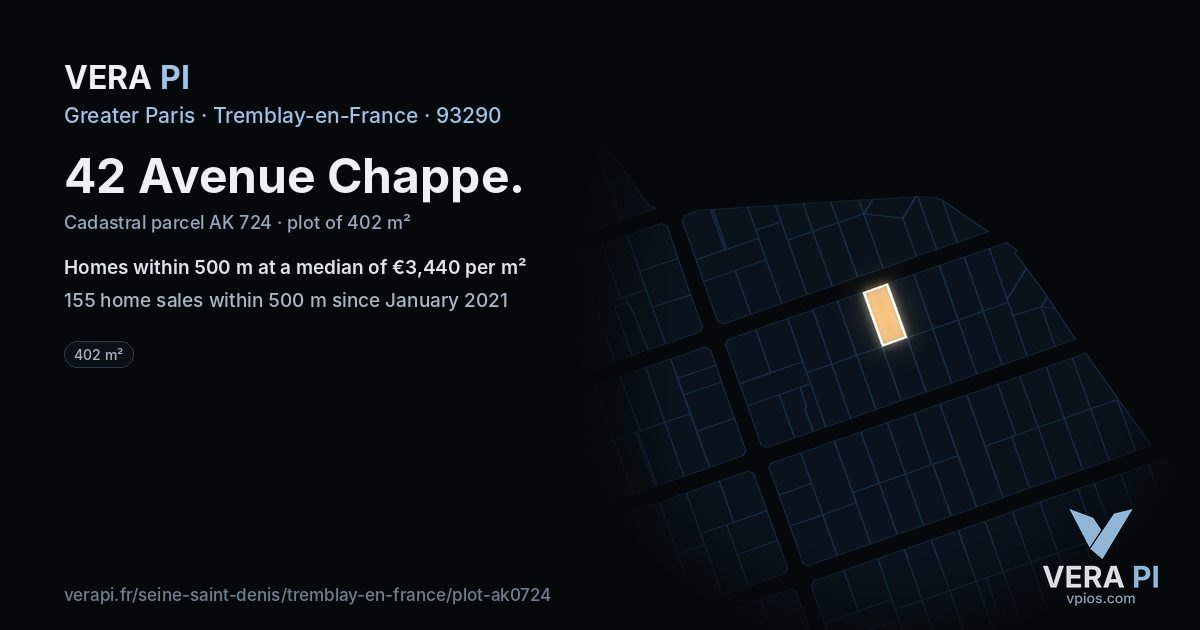 42 Avenue Chappe, Tremblay-en-France at night – the plot lit, the parcels around coloured by the prices near them