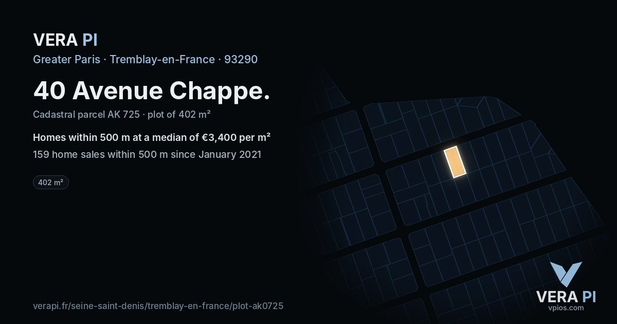 40 Avenue Chappe, Tremblay-en-France at night – the plot lit, the parcels around coloured by the prices near them