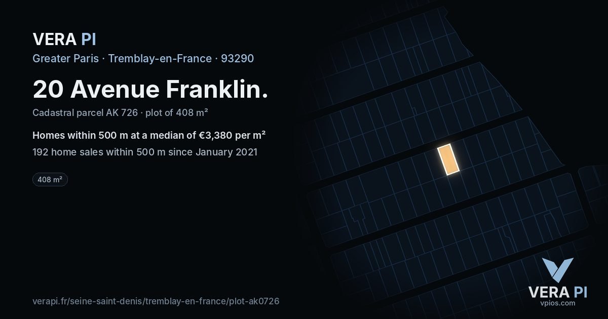20 Avenue Franklin, Tremblay-en-France at night – the plot lit, the parcels around coloured by the prices near them