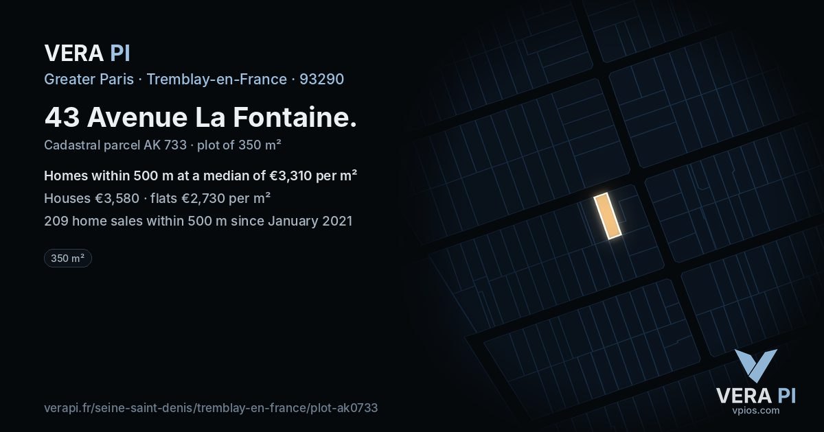 43 Avenue La Fontaine, Tremblay-en-France at night – the plot lit, the parcels around coloured by the prices near them