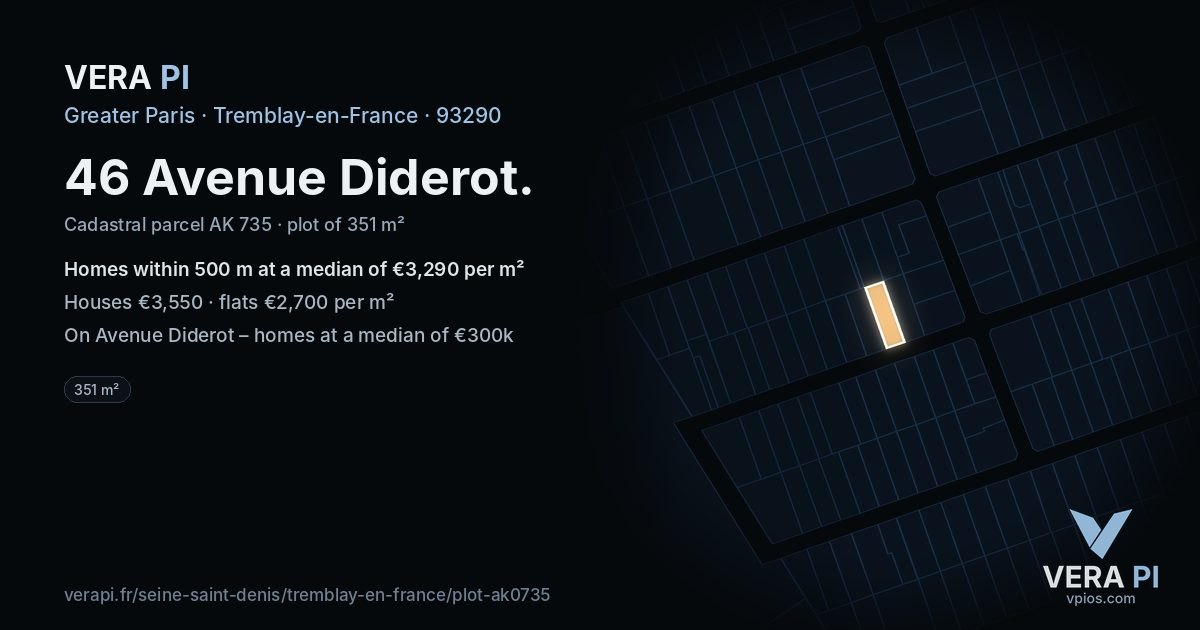 46 Avenue Diderot, Tremblay-en-France at night – the plot lit, the parcels around coloured by the prices near them