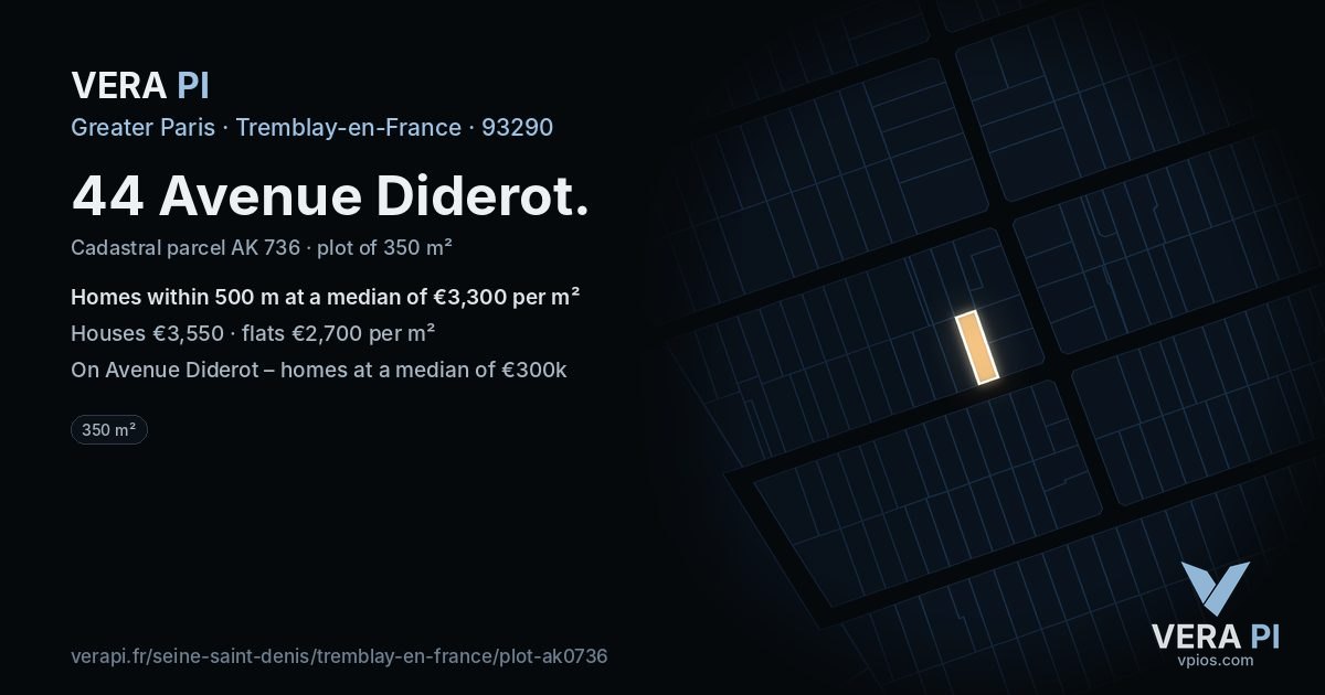 44 Avenue Diderot, Tremblay-en-France at night – the plot lit, the parcels around coloured by the prices near them