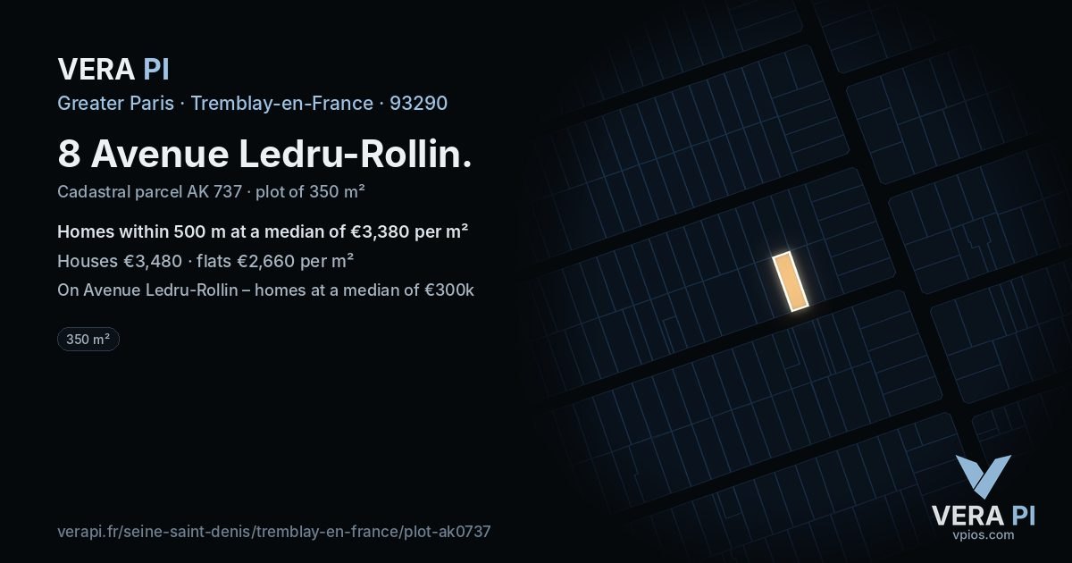 8 Avenue Ledru-Rollin, Tremblay-en-France at night – the plot lit, the parcels around coloured by the prices near them